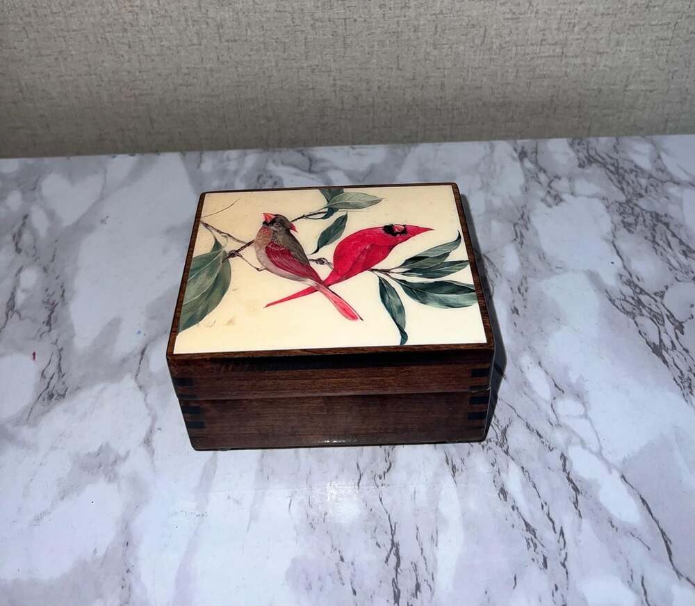 Vintage Reuge Wooden Music Box with Cardinal Tile Lid